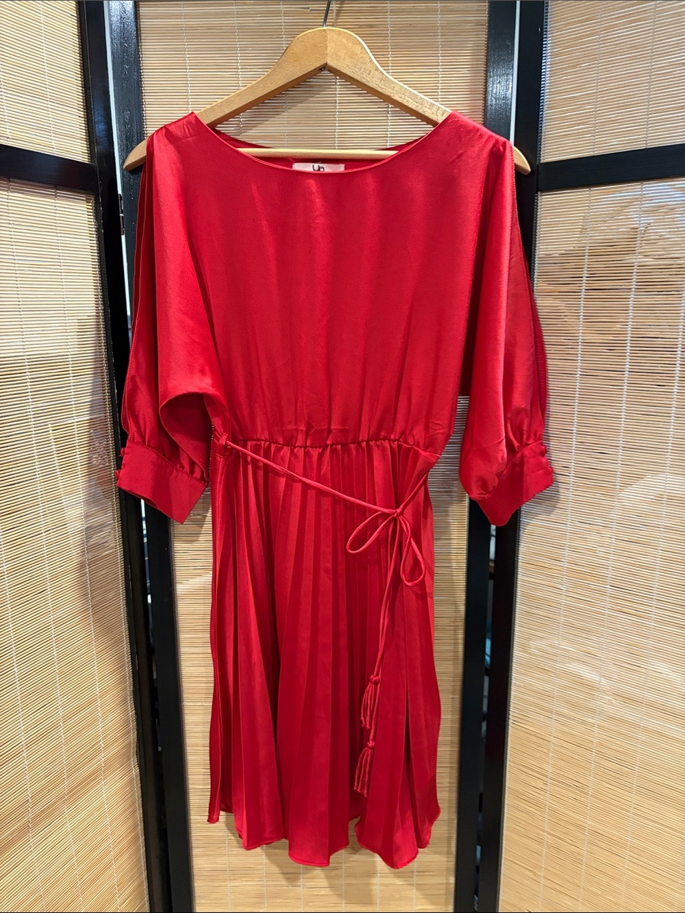 Ya Los Angeles Red Pleated Midi Dress with Waist Tie